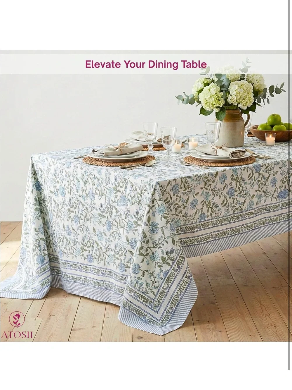 NEW ATOSII Mahoka Blue 100% Cotton Fall Tablecloth, Handblock Printed.